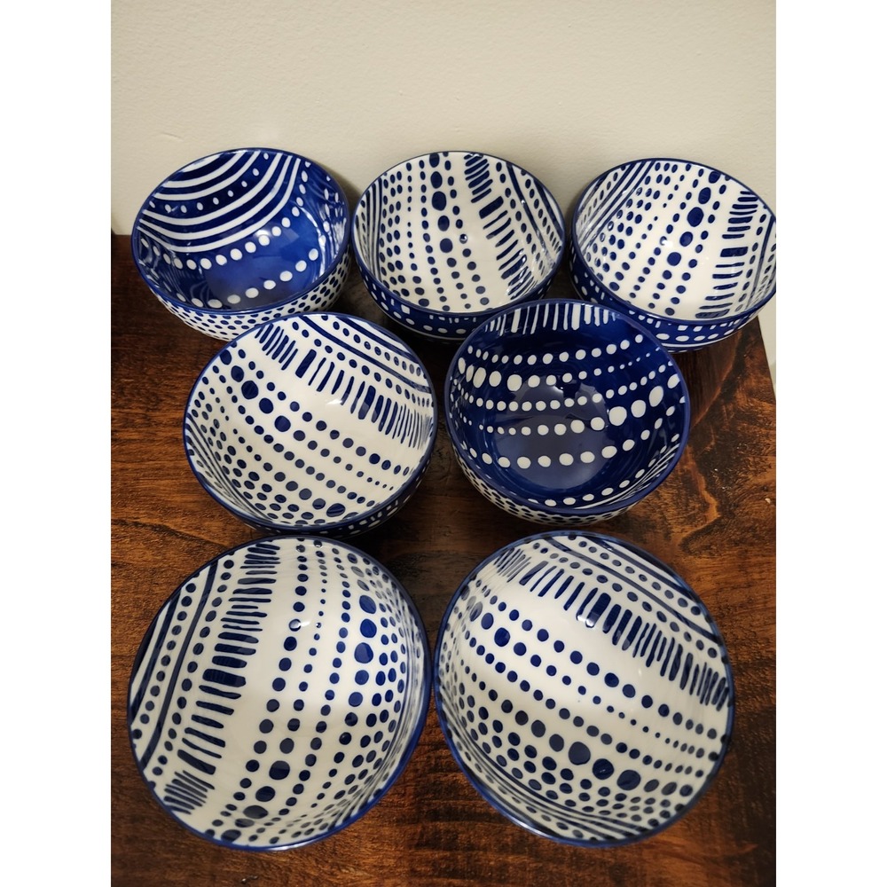 Alder & Ash Ceramic Bowls Set of 7 Cobalt Blue White  Geometric Dots & Lines